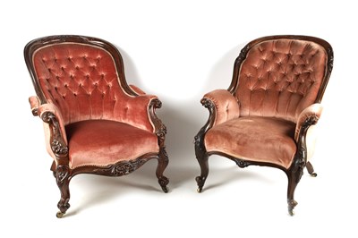 Lot 371 - TWO 19TH CENTURY CARVED WALNUT MATCHED DRAWING ROOM CHAIRS