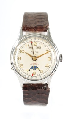 Lot 236 - A GENTLEMAN’S PIERCED  STEEL CASED WRIST WATCH TRIPLE CALENDAR WITH MOON PHASE