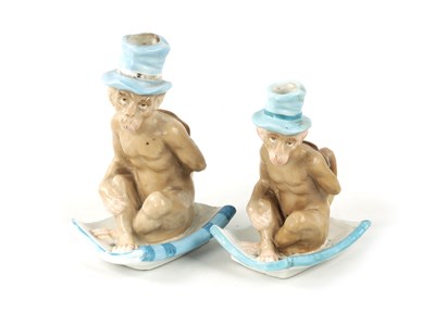 Lot 33 - TWO 19TH CENTURY CONTINENTAL PORCELAIN MONKEY CANDLE HOLDERS