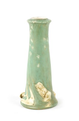 Lot 18 - AN ART NOUVEAU TALL GREEN GLAZE POTTERY VASE