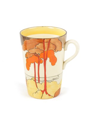 Lot 58 - A 20TH CENTURY CLARICE CLIFF COFFEE MUG DECORATED WITH CORAL FIRS PATTERN