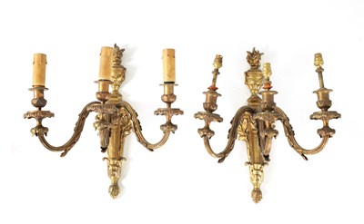 Lot 490 - A PAIR OF 19TH CENTURY STYLE CAST BRASS HANGING THREE BRANCH WALL LIGHTS