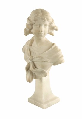 Lot 477 - A SMALL ART NOUVEAU STYLE CARVED ALABASTER BUST OF A YOUNG LADY