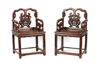 Lot 99 - A GOOD PAIR OF 19TH CENTURY CHINESE HARDWOOD OPEN ARMCHAIRS