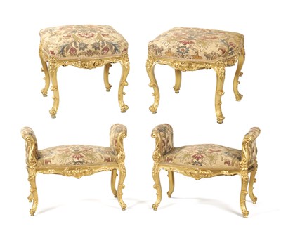 Lot 912 - A SUITE OF FOUR CARVED GILTWOOD ROCOCO STYLE STOOLS