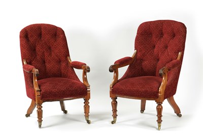 Lot 866 - A GOOD PAIR OF LATE REGENCY ROSEWOOD BUTTON BACKED UPHOLSTERED ARMCHAIRS