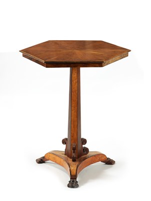 Lot 977 - A REGENCY HEXAGONAL ROSEWOOD, YEW-WOOD AND BIRDS EYE MAPLE OCCASIONAL TABLE