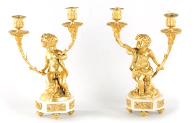 Lot 481 - CLODION. A FINE PAIR OF GILT BRONZE FIGURAL TWO BRANCH CANDELABRA