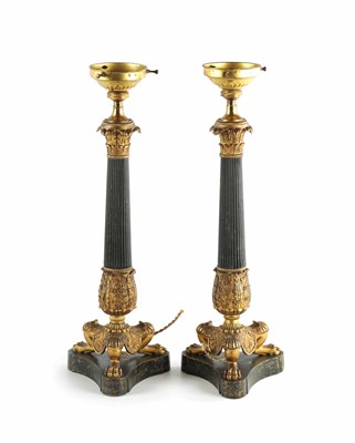 Lot 419 - A PAIR OF REGENCY STYLE BRONZE AND ORMOLU LAMP BASES