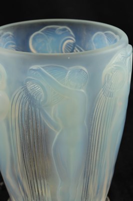 Lot 19 - AN R. LALIQUE OPALESCENT BLUE STAINED 'DANAIDES' TAPERING GLASS VASE