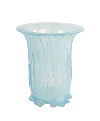 Lot 22 - A RENE LALIQUE OPALESCENT AND BLUE STAINED 'EUCALYPTUS' FLARED NECK GLASS VASE