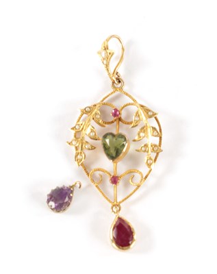 Lot 180 - A LATE 19TH CENTURY GOLD, RUBY AND PEARL SUFFRAGETTE PENDANT