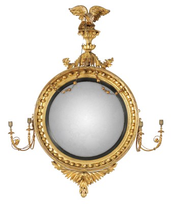 Lot 884 - AN IMPRESSIVE REGENCY OVER-SIZED GILT GESSO CONVEX HANGING MIRROR