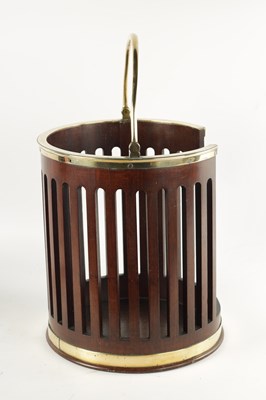 Lot 888 - A GEORGE III BRASS BOUND MAHOGANY OPENWORK SLATTED PLATE BUCKET