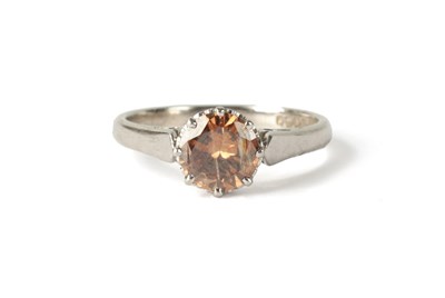 Lot 183 - A 1.14ct BRILLIANT CUT COGNAC AND 18CT WHITE GOLD SOLITAIRE RING