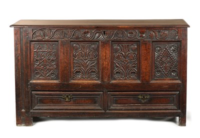 Lot 994 - A GOOD LATE 17TH CENTURY JOINED OAK TWO DRAWER MULE CHEST