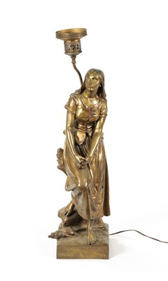 Lot 475 - AFTER EUGENE LAURENT, AN ART NOUVEAU GILT BRONZE FIGURAL TABLE LAMP