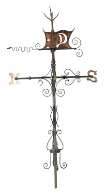 Lot 497 - A GOOD OVER-SIZED ARTS AND CRAFTS BLACKED IRONWORK AND COPPER WEATHERVANE