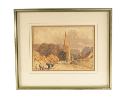 Lot 218 - A MID 19TH CENTURY WATERCOLOUR DEPICTING A VILLAGE SCENE HORSE AND FIGURES