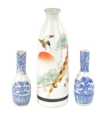 Lot 90 - A PAIR OF CHINESE BLUE AND WHITE SPILL VASES AND A LARGER JAPANESE VASE