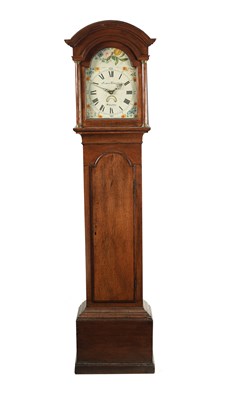 Lot 229 - JAMES THRISTLE WILITON. A GEORGE III 11” PAINTED ARCH TOPPED 30HR OAK LONGCASE CLOCK