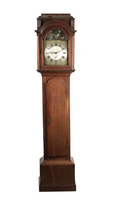 Lot 1065 - RICHARD HACKETT, HARRINGWORTH. AN 18TH CENTURY 30 HOUR BRASS DIAL AUTOMATON OAK ARCH TOPPED LONGCASE CLOCK