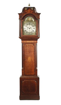 Lot 242 - BARNISH ROCHDALE. A GOOD GEORGE III OAK AND MAHOGANY BRASS ARCHED DIAL MOON ROLLER LONGCASE CLOCK