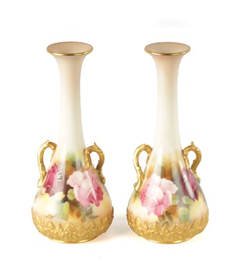 Lot 37 - A PAIR OF ROYAL WORCESTER SPILL VASES DECORATED WITH ROSES