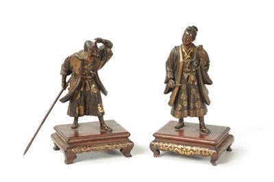 Lot 120 - A FINE QUALITY PAIR OF JAPANESE MEIJI PERIOD PATINATED BRONZE AND GILT SCULPTURES BY MIYAO