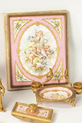 Lot 32 - A 19TH CENTURY FRENCH SERVES STYLE PORCELAIN AND ORMOLU MOUNTED DESK SET