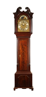 Lot 678 - JOHN BENSON, WHITEHAVEN. A GEORGE III FIGURED MAHOGANY EIGHT-DAY BRASS DIAL MOON ROLLER LONGCASE CLOCK