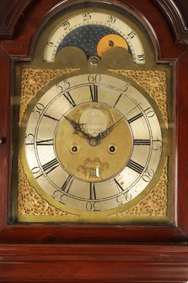 Lot 678 - JOHN BENSON, WHITEHAVEN. A GEORGE III FIGURED MAHOGANY EIGHT-DAY BRASS DIAL MOON ROLLER LONGCASE CLOCK