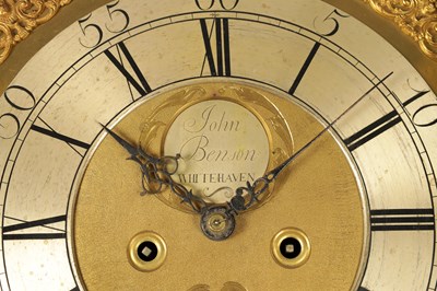 Lot 678 - JOHN BENSON, WHITEHAVEN. A GEORGE III FIGURED MAHOGANY EIGHT-DAY BRASS DIAL MOON ROLLER LONGCASE CLOCK
