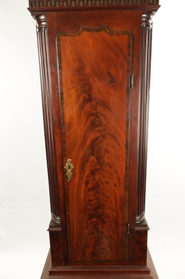 Lot 678 - JOHN BENSON, WHITEHAVEN. A GEORGE III FIGURED MAHOGANY EIGHT-DAY BRASS DIAL MOON ROLLER LONGCASE CLOCK