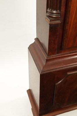 Lot 678 - JOHN BENSON, WHITEHAVEN. A GEORGE III FIGURED MAHOGANY EIGHT-DAY BRASS DIAL MOON ROLLER LONGCASE CLOCK