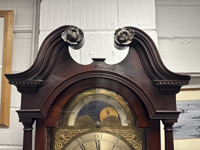 Lot 678 - JOHN BENSON, WHITEHAVEN. A GEORGE III FIGURED MAHOGANY EIGHT-DAY BRASS DIAL MOON ROLLER LONGCASE CLOCK