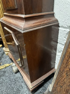 Lot 678 - JOHN BENSON, WHITEHAVEN. A GEORGE III FIGURED MAHOGANY EIGHT-DAY BRASS DIAL MOON ROLLER LONGCASE CLOCK