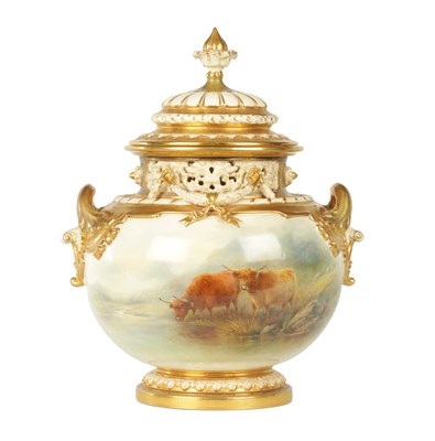 Lot 33 - JOHN STINTON. A FINE RICHLY GILT, RELIEF MOULDED TWO HANDLED BULBOUS BLUSHED IVORY POT POURRI CABINET VASE AND COVER