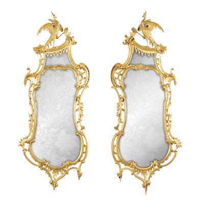 Lot 908 - A FINE PAIR OF GEORGE III GILTWOOD CHIPPENDALE STYLE HANGING MIRRORS