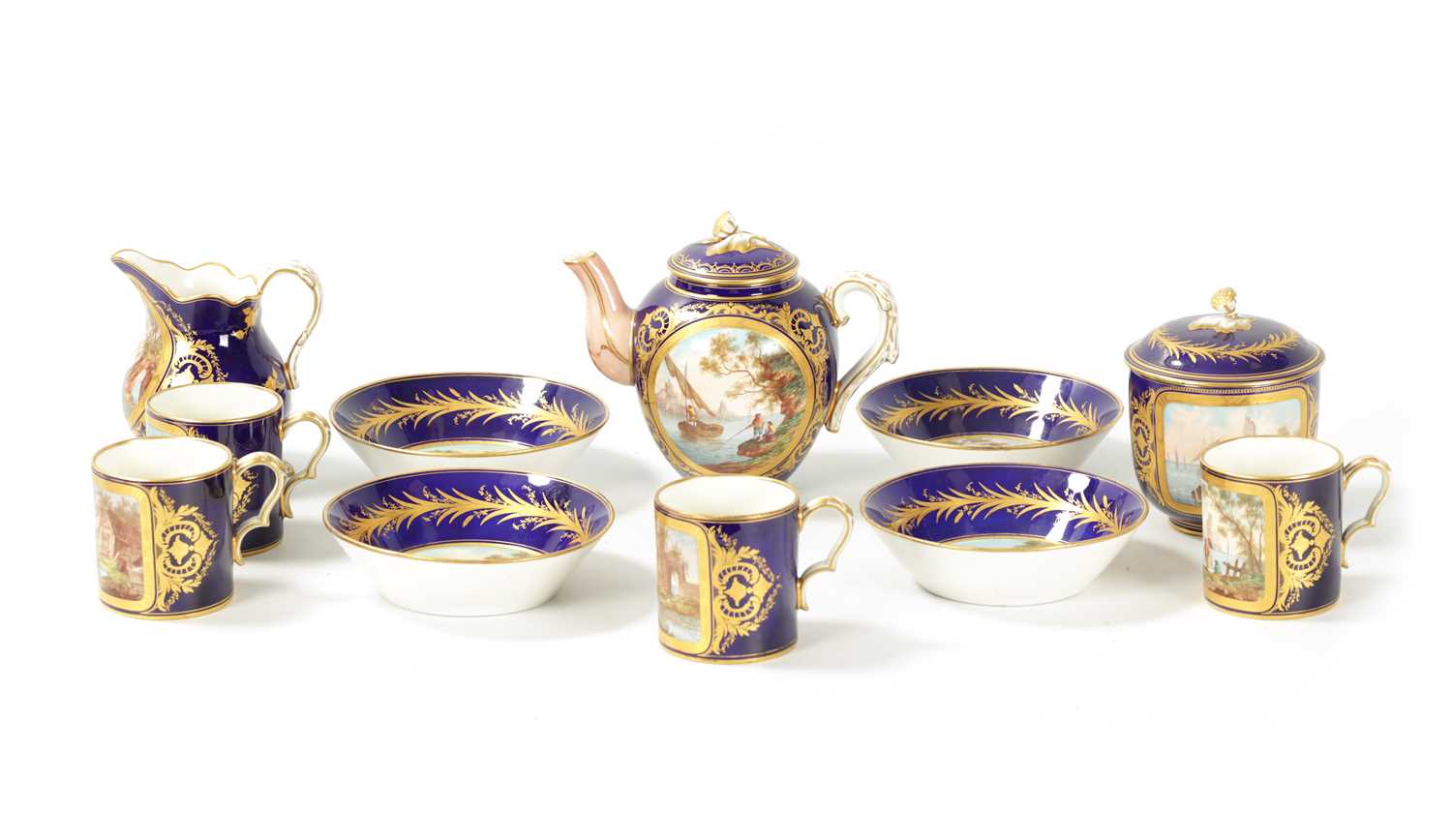 Lot 64 - A FINE 18TH CENTURY SEVRES RICHLY GILT AND ROYAL BLUE GROUND ELEVEN-PIECE CABINET SERVICE