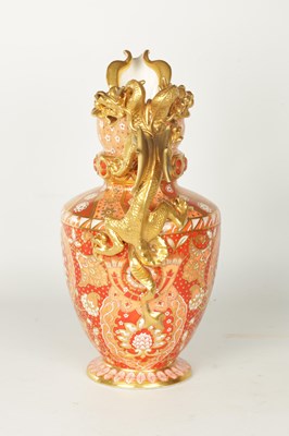Lot 57 - AN IMPRESSIVE 19TH CENTURY SPODE RICHLY GILT AND RUST RED DOUBLE DRAGON HANDLED EWER OF LARGE SIZE