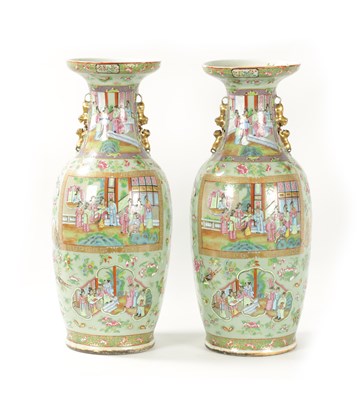 Lot 89 - A GOOD PAIR OF 19TH CENTURY CELADON GROUND CANTONESE SLENDER SHOULDERED OVOID VASES