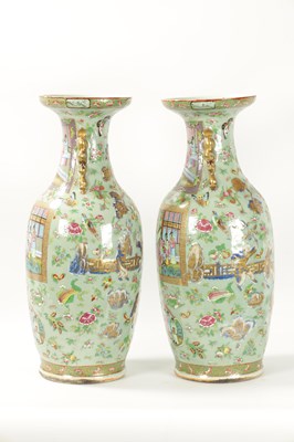 Lot 89 - A GOOD PAIR OF 19TH CENTURY CELADON GROUND CANTONESE SLENDER SHOULDERED OVOID VASES