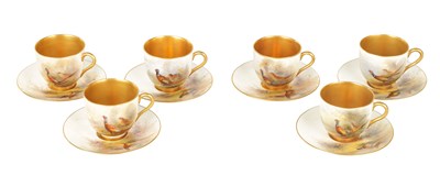 Lot 40 - JAMES STINTON. A GOOD SET OF SIX ROYAL WORCESTER CABINET CUPS AND SAUCERS