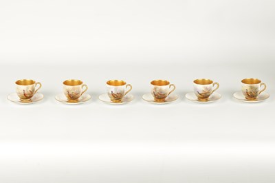 Lot 40 - JAMES STINTON. A GOOD SET OF SIX ROYAL WORCESTER CABINET CUPS AND SAUCERS