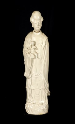 Lot 100 - A 19TH CENTURY CHINESE ‘BLANC DI CHINE’ STANDING FIGURE OF A GUAN