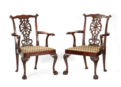 Lot 868 - A PAIR OF 19TH CENTURY CHIPPENDALE STYLE MAHOGANY OPEN ARMCHAIRS