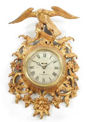 Lot 752 - WILLIAM RAY, SUNBURY. A FINE GEORGE III SINGLE FUSEE SILVERED DIAL GILT GESSO CARTEL WALL CLOCK