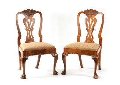 Lot 942 - A PAIR OF 19TH CENTURY GEORGE I STYLE FIGURED WALNUT SIDE CHAIRS