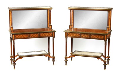 Lot 833 - A FINE PAIR OF 19TH CENTURY BRASS MOUNTED, SATINWOOD AND PARQUETRY BONHEUR DU JOURS IN THE MANNER OF ‘DONALD ROSS’